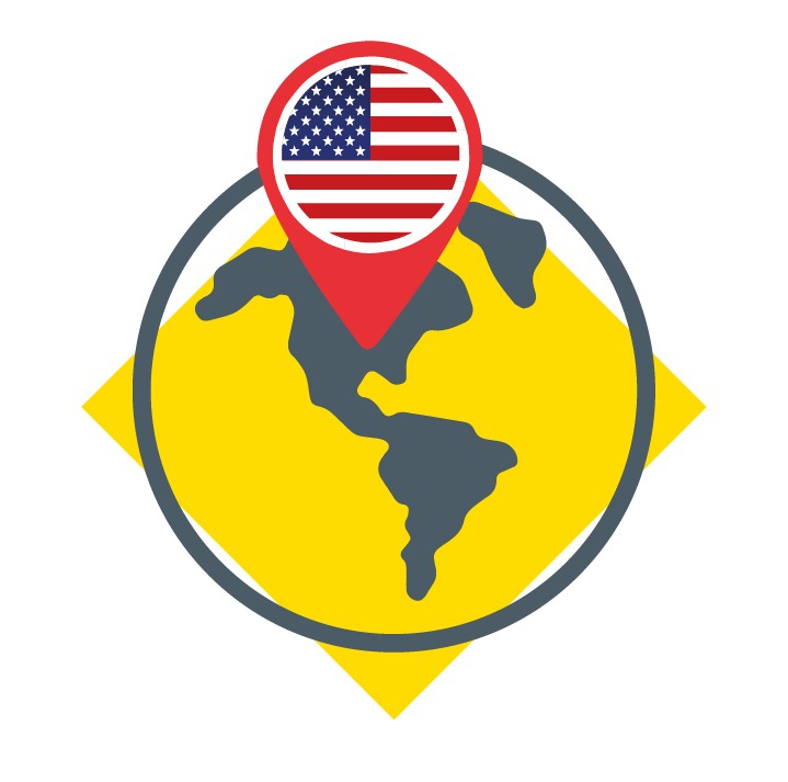 Mapa de América en color amarillo y gris con un puntero de localización sobre Estados Unidos