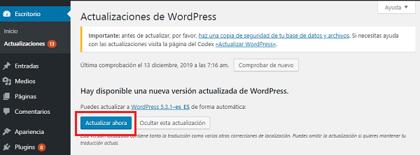 Imagen que muestra el botón actualizar ahora que iniciará el proceso de actualización de WordPress