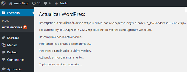 Imagen que muestra el proceso de actualización de WordPress
