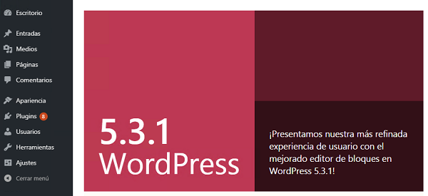 Imagen que muestra que WordPress se ha actualizado a la versión 5.3.1